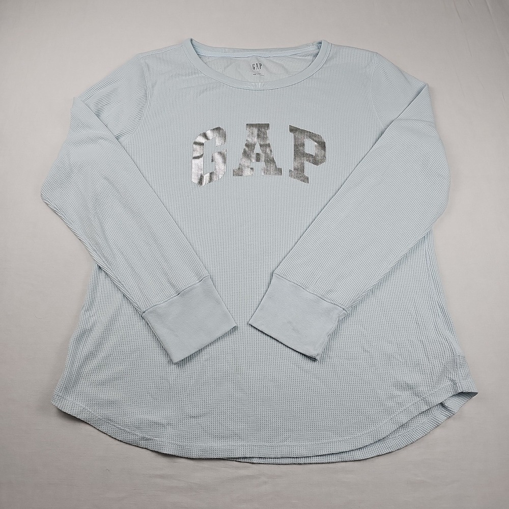 GAP‎ Thermal Shirt Women's Size XL Baby Blue Waffle Knit Logo Pullover Top  Cozy